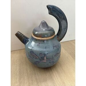 Studio Art Pottery Drip Glaze‎ Tea Pot Blue Brown Purple Vintage Artist Signed